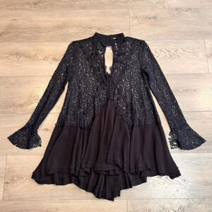 Free People Tell Tale Boho Black Lace High Neck Keyhole Tunic Top Dress Xsmall‎